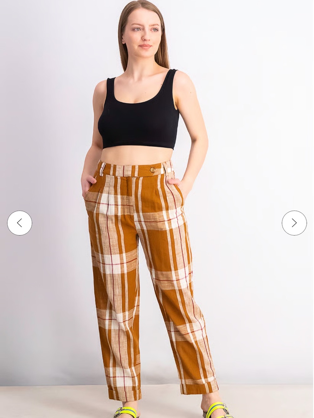 Topshop Mustard Plaid Straight-Leg Trousers